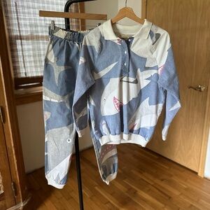 1980’s “Michigan Rag” Shark Print Pattern Two Piece Set Pant and Long Sleeved